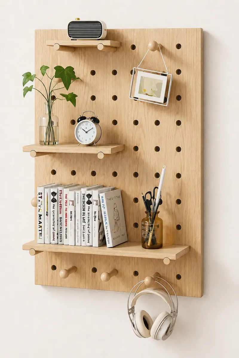Panel Organizador de Madera con Estantes y Clavijas