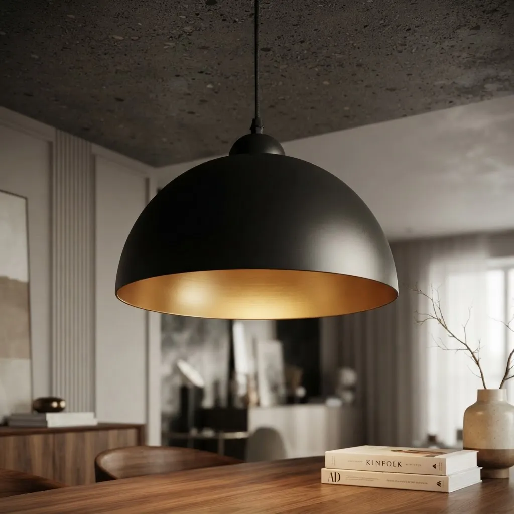 Lámpara Colgante Media Esfera Negra Interior Dorado 25cm