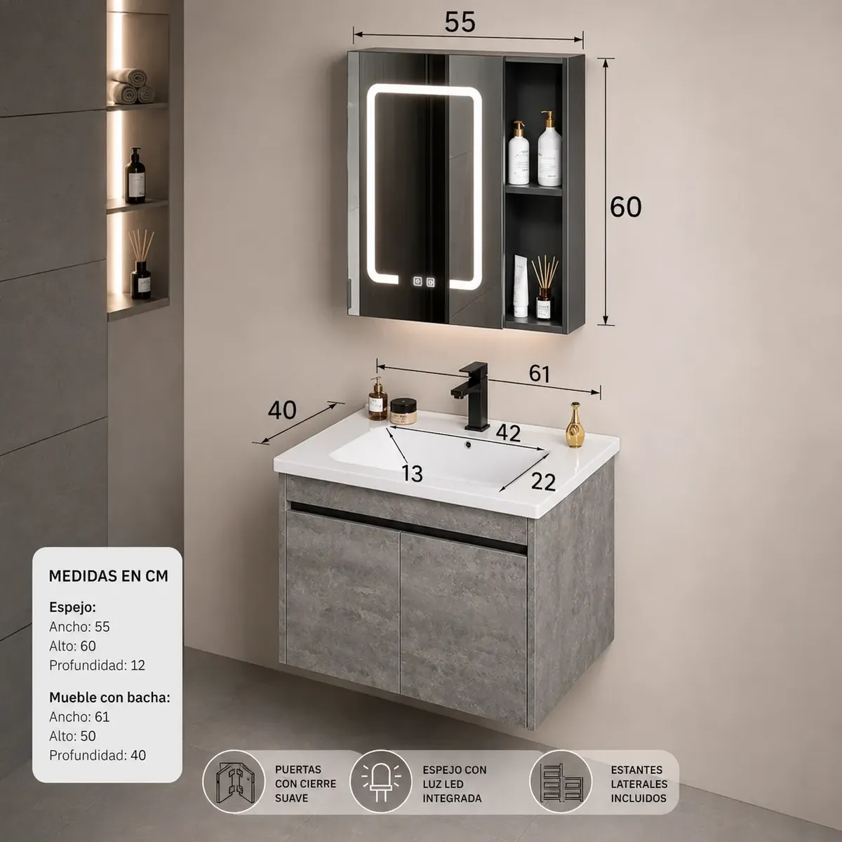 Mueble de Baño Suspendido 60 cm con Bacha y Espejo LED - Imagen 4